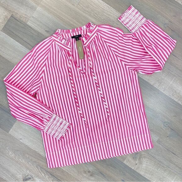 J. Crew Striped Smocked Cuff Popover Shirt Pink White XS - Picture 12 of 15